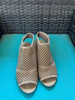 Perforated Taupe Slingback Peep-Toe Sandals with Decorative Accents